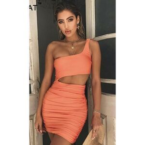 Women's Shoulder Off Bandage Dress Size Small Color Bright Orange.
